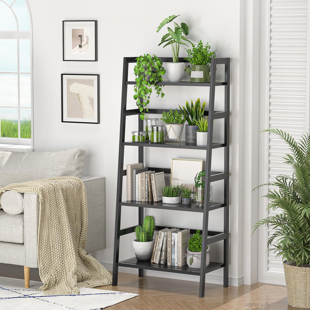Black Ladder Shelf, 4-Tier Bamboo Bookshelf & Bookcase Organizer