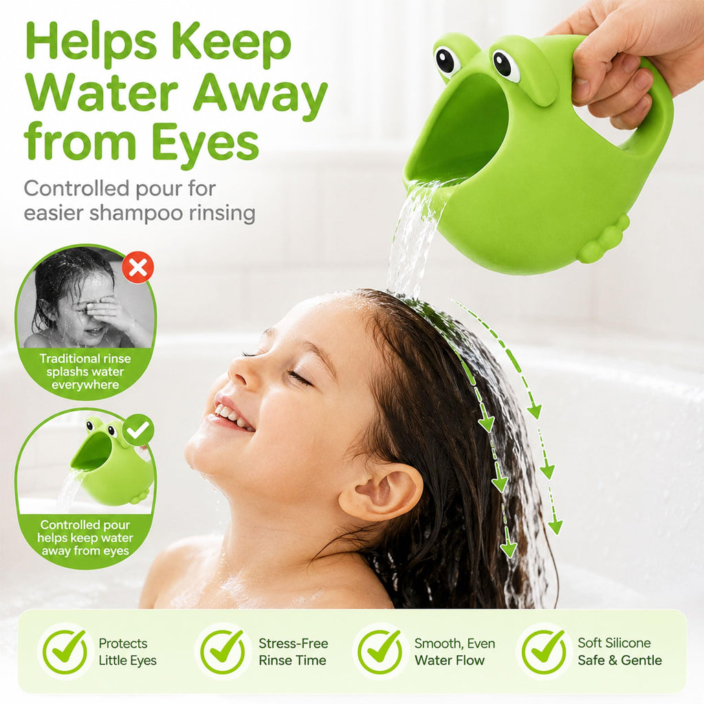 Silicone Baby Rinser Cup Frog Waterfall Bath Hair Rinse Cup, Green