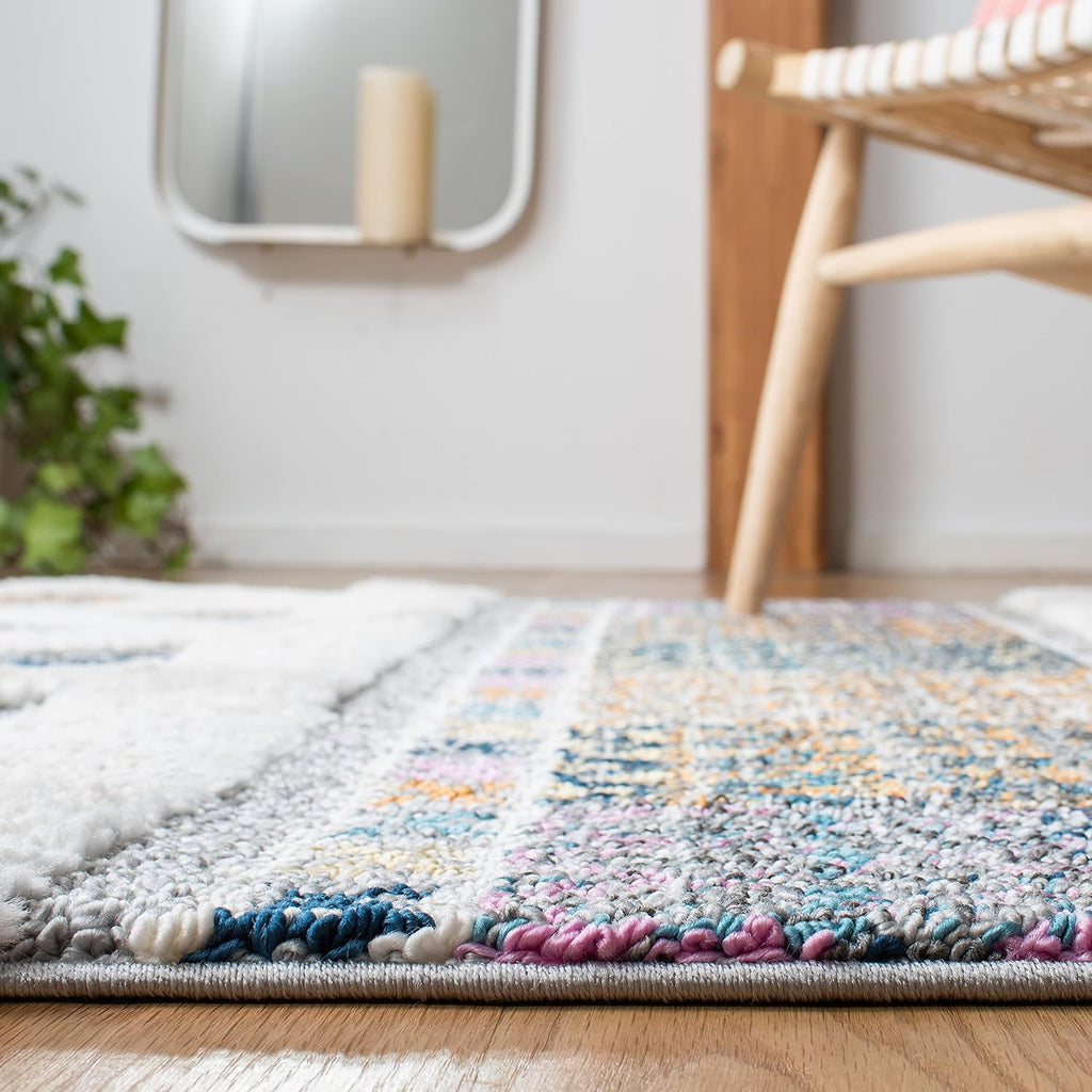 Moroccan Fringe Shag Collection Runner Rug - 2'2" x 8', Ivory & Navy, Boho Design, Non-Shedding & Easy Care, 1.2-inch
