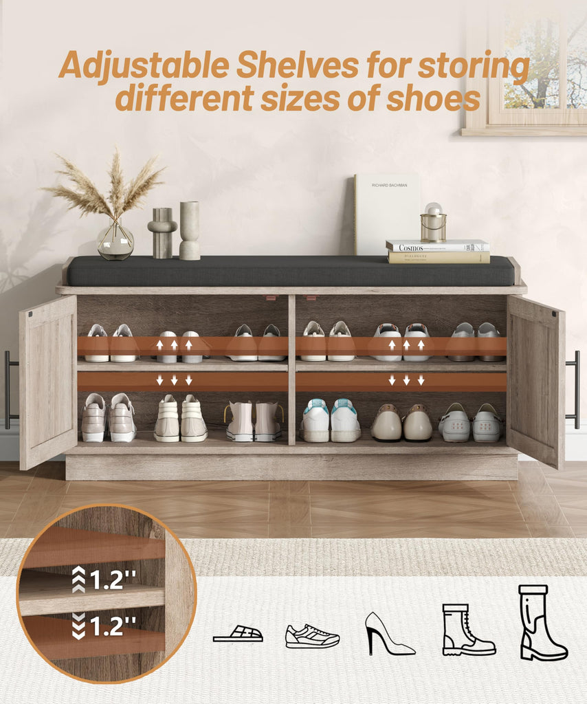 39.4" Fluted Shoe Storage Bench 2 Doors Wooden Entryway Bench Grey
