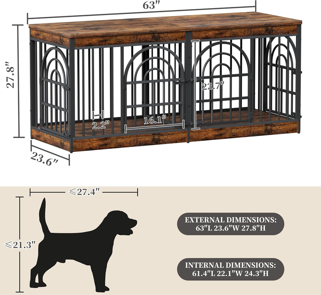 63" Wooden Double Dog Crate Furniture for 1-2 Dogs