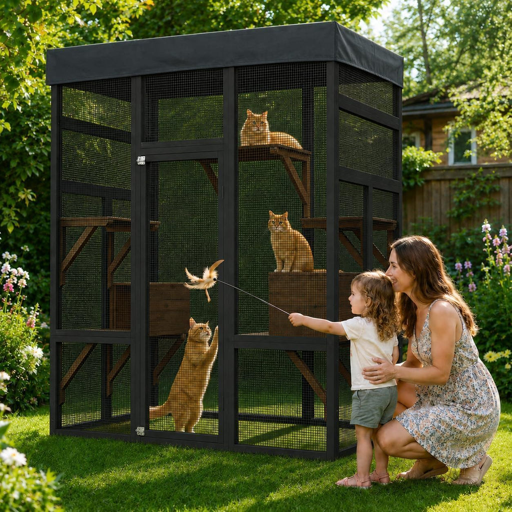 70" Outdoor Catio Cat Enclosure, Large Cat House, Wooden 5-Platform