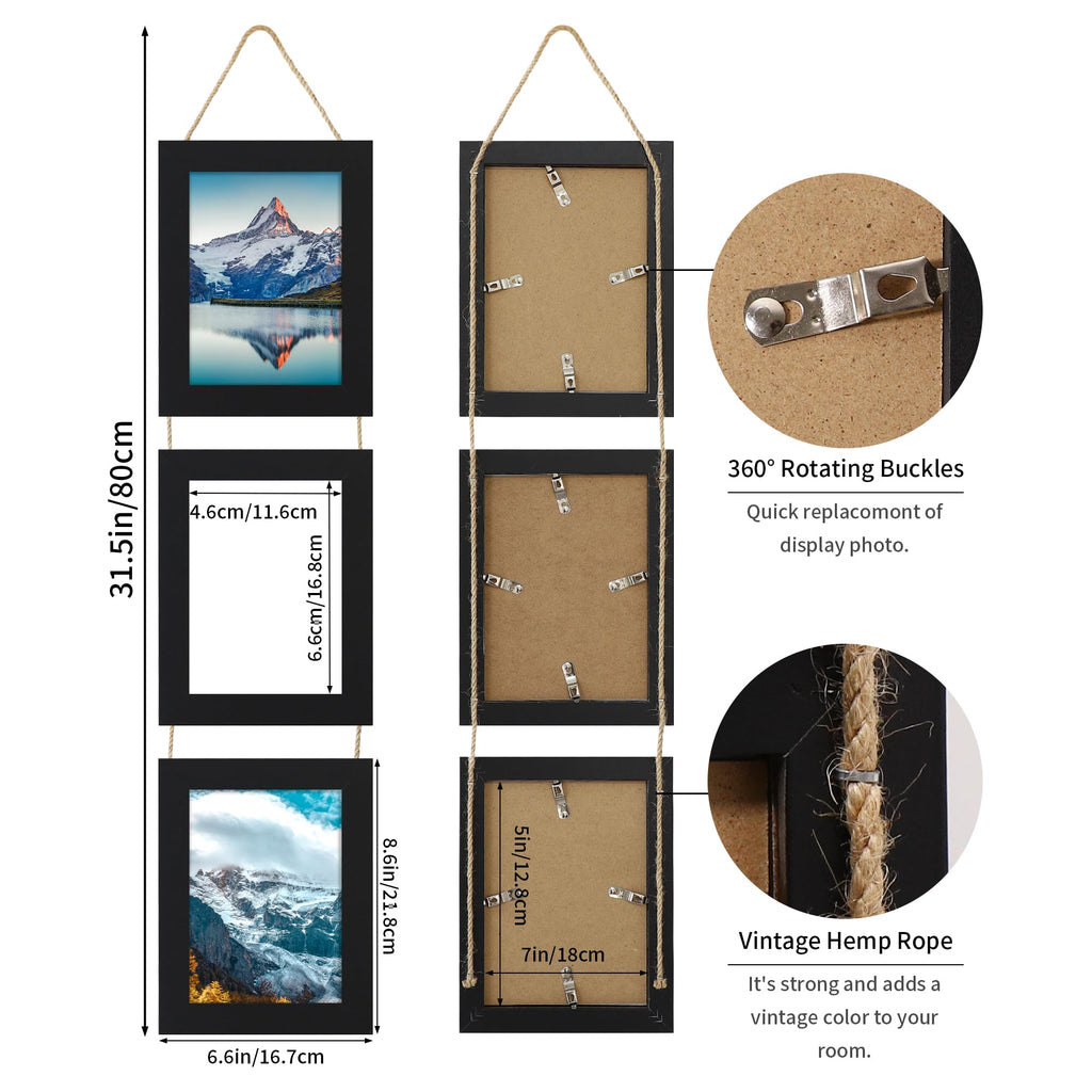 5x7 Collage Picture Frames Set of 2, Rustic Wooden Real Glass Vertical Hanging 3 Opening 5 by 7 Photo Frame, Black