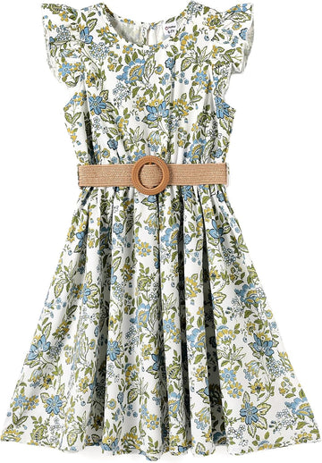 Girls Boho Floral Swing Dress Ruffle Sleeve Braided Belt