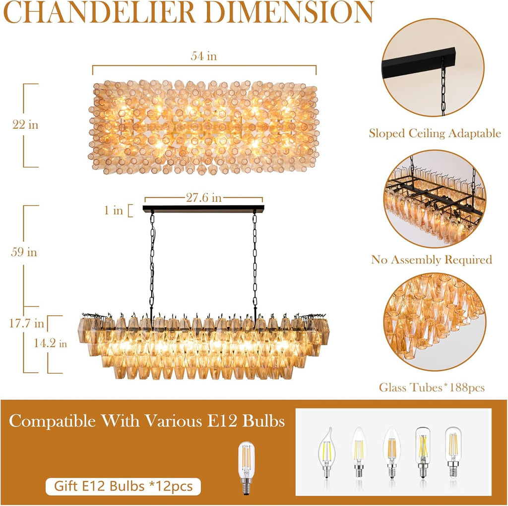 54" Black Rectangular Chandeliers for Dining Room, 12-Light 4 Tiered Large Smoke Glass Chandelier, Modern Kitchen Island Farmhouse Hanging Light Fixture for Living Room Foyer A118-B0DQLDBCMH