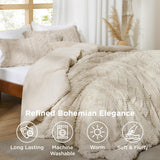 Tufted Boho Comforter Set Queen - Beige Boho Bed Set, GentleSoft 3 Pieces Farmhouse Shabby Chic Embroidery Bedding