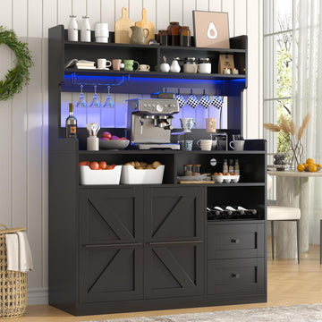 Hutch Storage Buffet Cabinet with Drawers, and Charging Station, Coffee Bar Cabinet with Barn Doors, Wine Rack and