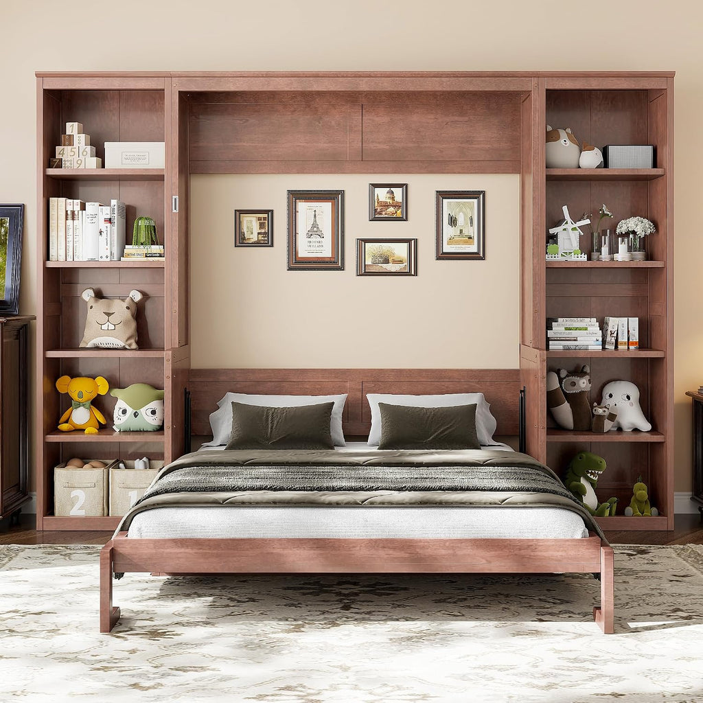 Queen Murphy Bed with Desk, Wood Murphy Bed Frame with Storage Shelves, Hidden Foldable Wall Bed for Home Office