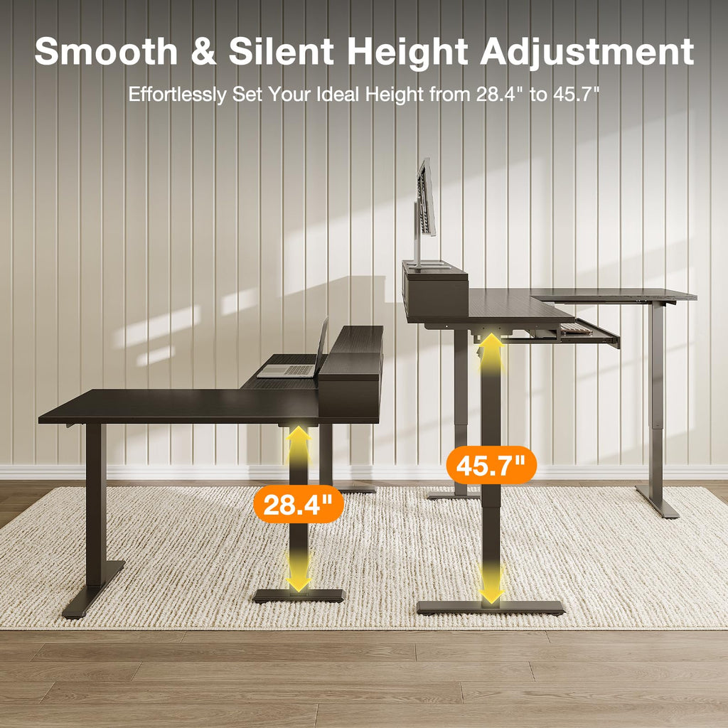 59" L Shaped Electric Standing Desk with Drawers, Black