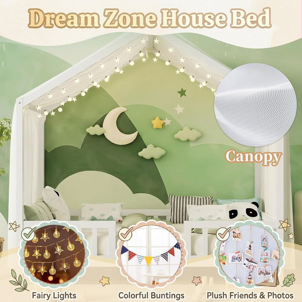 Tw Bed for Kids with High Rails, Montessori Floor Bed Twin with Roof & Canopy, Wood House Beds Frame for Boys Girls