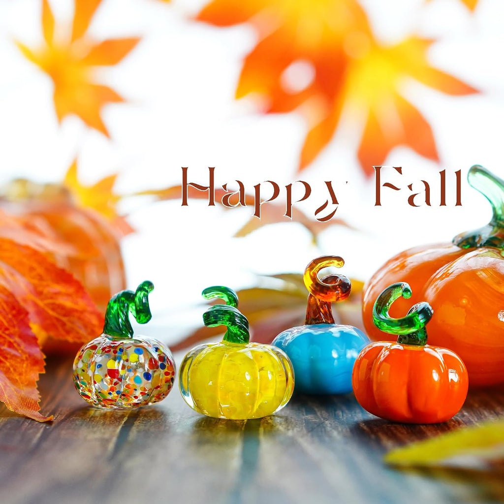 Blown Glass Pumpkin Figurines Fall Thanksgiving Centerpiece Decor - Set of 4