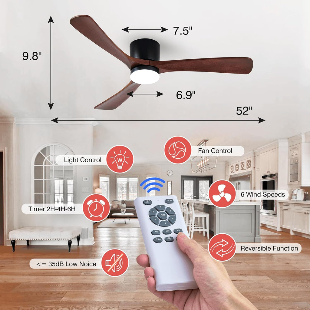 Modern 52 Inch Flush Mount Ceiling Fan with LED Lights and Remote Control - 3 Wood Blades, Reversible DC Motor, 6 Speeds, Timer - Walnut and Matte Black