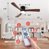 Modern 52 Inch Flush Mount Ceiling Fan with LED Lights and Remote Control - 3 Wood Blades, Reversible DC Motor, 6 Speeds, Timer - Walnut and Matte Black