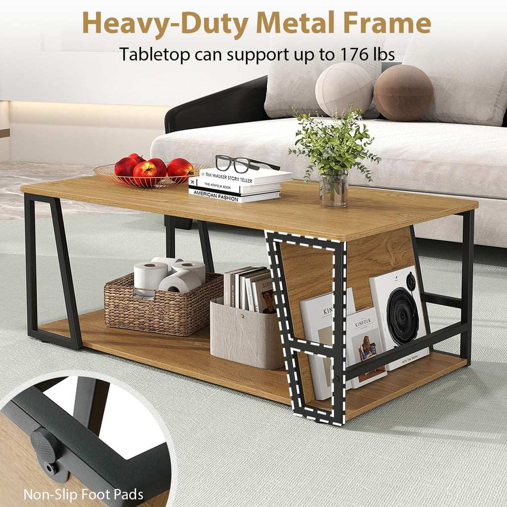 Modern Coffee Table with Storage, 2-Tier Wood Center Table, Oak