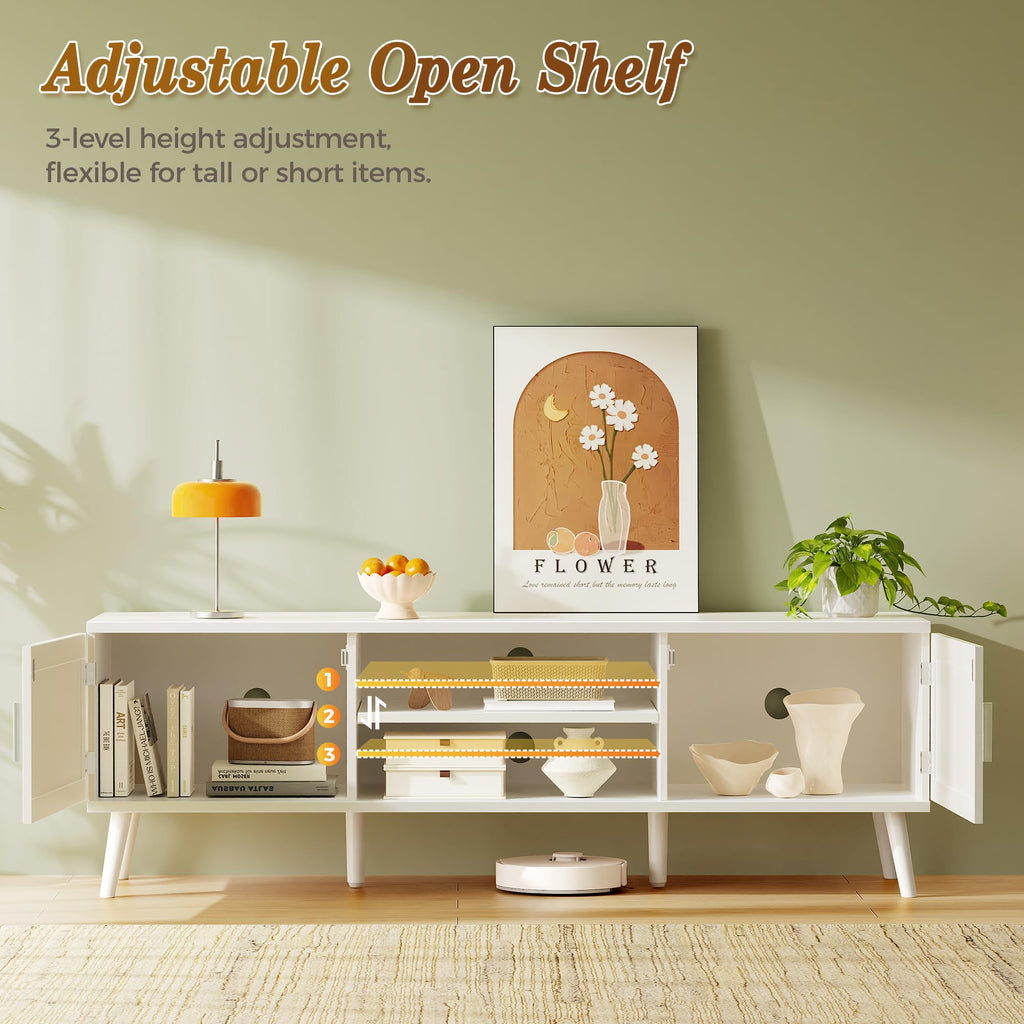 TV Stand for 65 Inch TV, Entertainment Center with Adjustable Shelf, Rattan TV Console with 2 Cabinets, Media