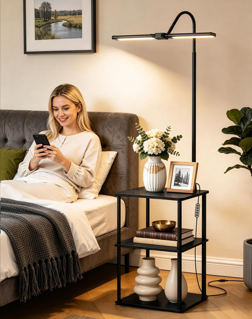 LED Floor Lamp with Table, 18W Bright Reading Floor Lamp, Narrow Side Table with Dual Head Goose-Neck, Adjustable