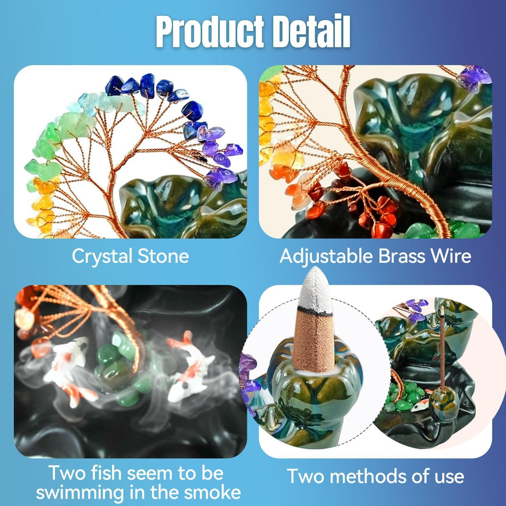Backflow Incense Burner Ceramic Incense Waterfall Backflow Incense Holder 7 Chakras Gemstone Money Tree Crystal Tree