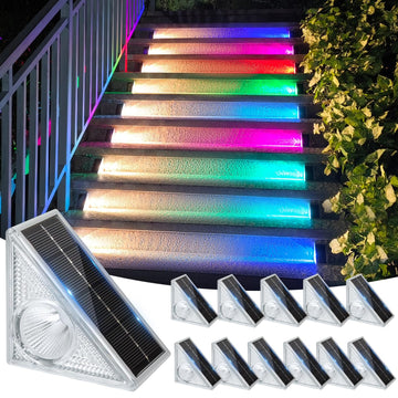 Stair Lights Outdoor 12 Pack, 10 Color Modes Solar Step Lights for Outside, Waterproof IP67 Solar Lights for Garden