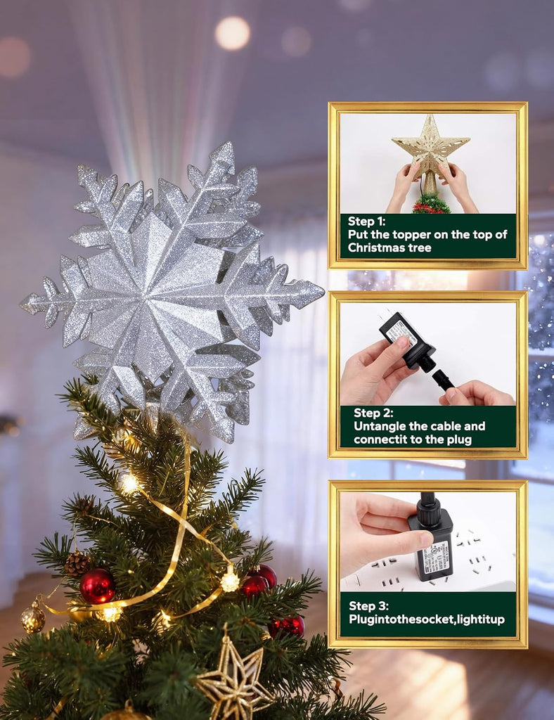 Christmas Tree Topper with Rotating Snowflake Projector, Silver