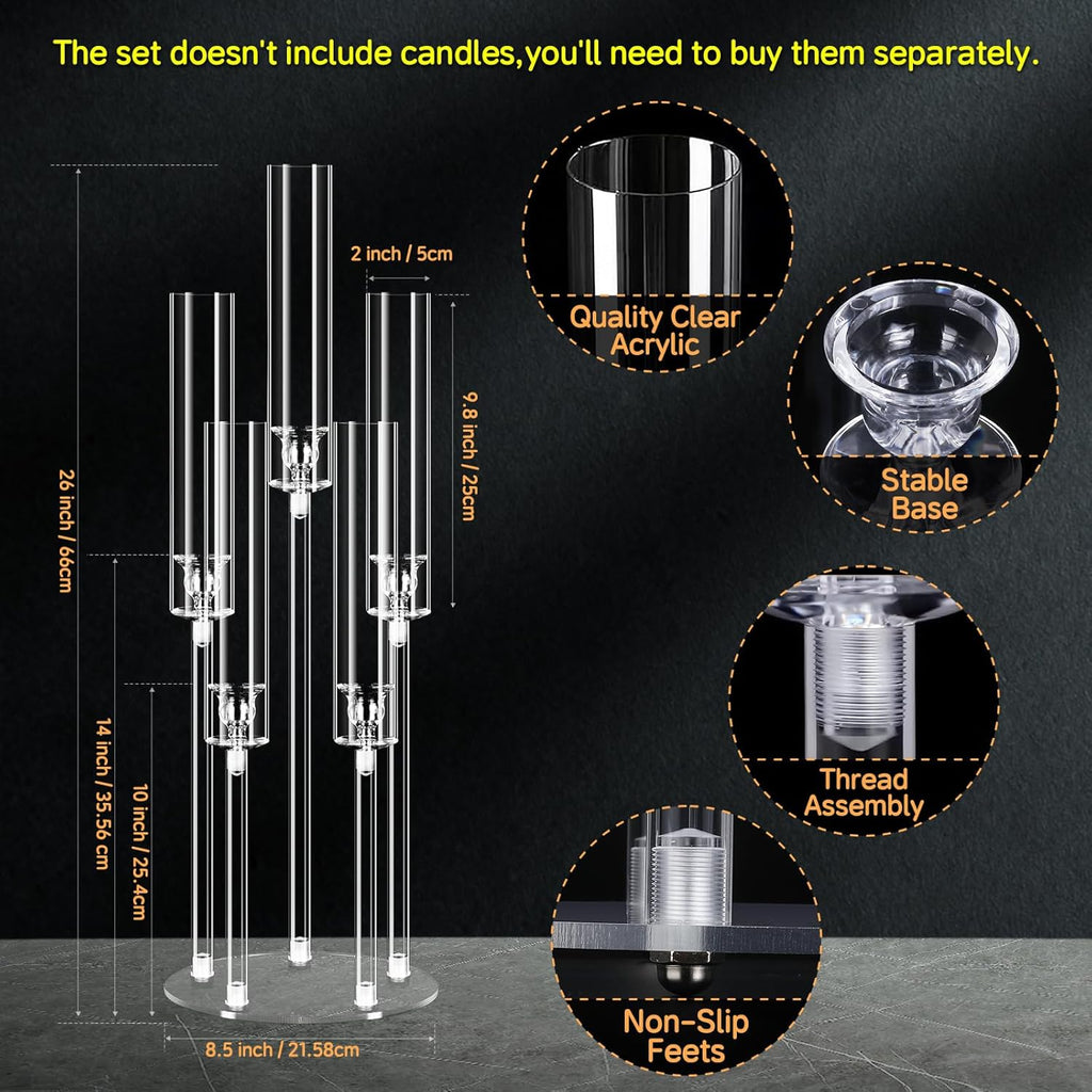 6 Set 26.8'' Tall Acrylic Candelabra Centerpieces,Clear 5 Arms Candlesticks Holder with Acrylic Shade for Candlelight