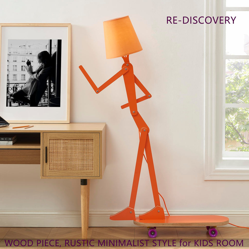 Cool Unique Wood Floor Lamp with Skateboard Base, Orange