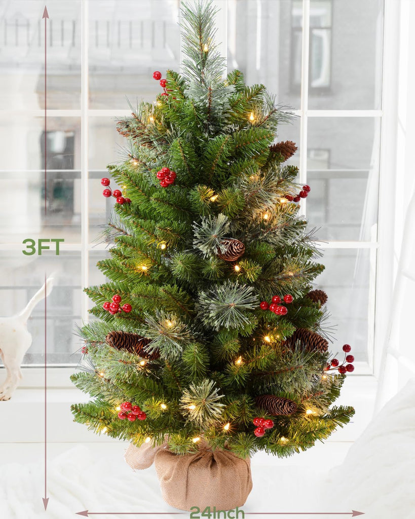 3ft Pre-Lit Artificial Christmas Tree with 70 LED Lights Mini Xmas Trees, Cement Burlap Base Basin, Tabletop, Green