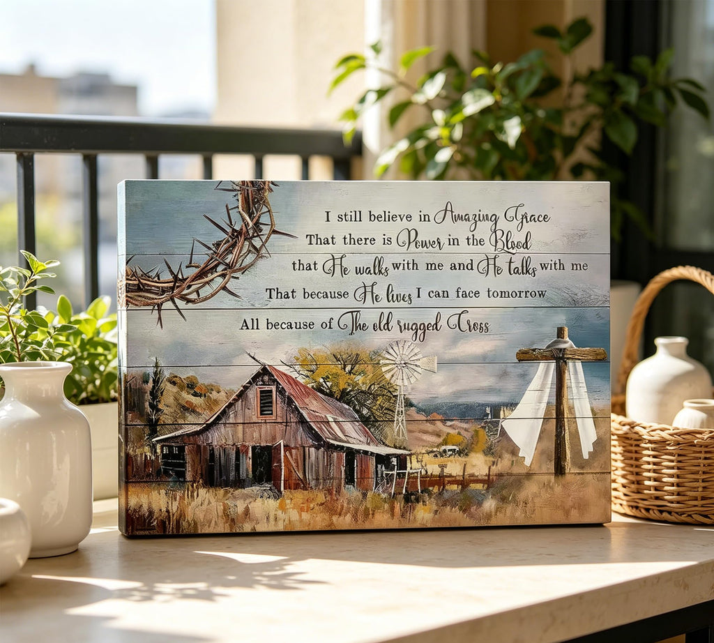 The Old Rugged Cross Canvas Wall Art, Religious Hymn Painting Picture Wall Decor, Vintage Barn Windmill Poster Print