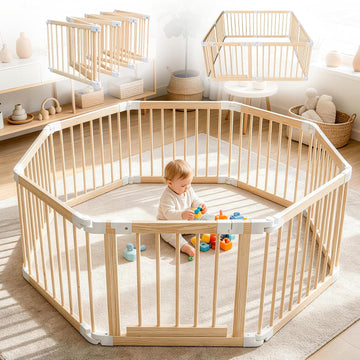 Baby Playpen, 56 * 56 * 24 inches Wooden Play Yard with Gate for Babies | Child-Proof Lock, Activity Center
