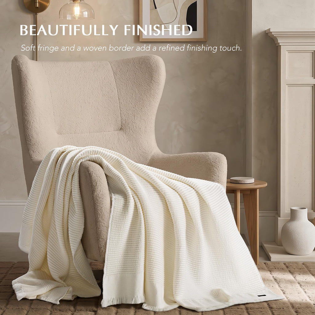 100% Organic Cotton Waffle Throw Blanket, Ivory White, 60"x80"