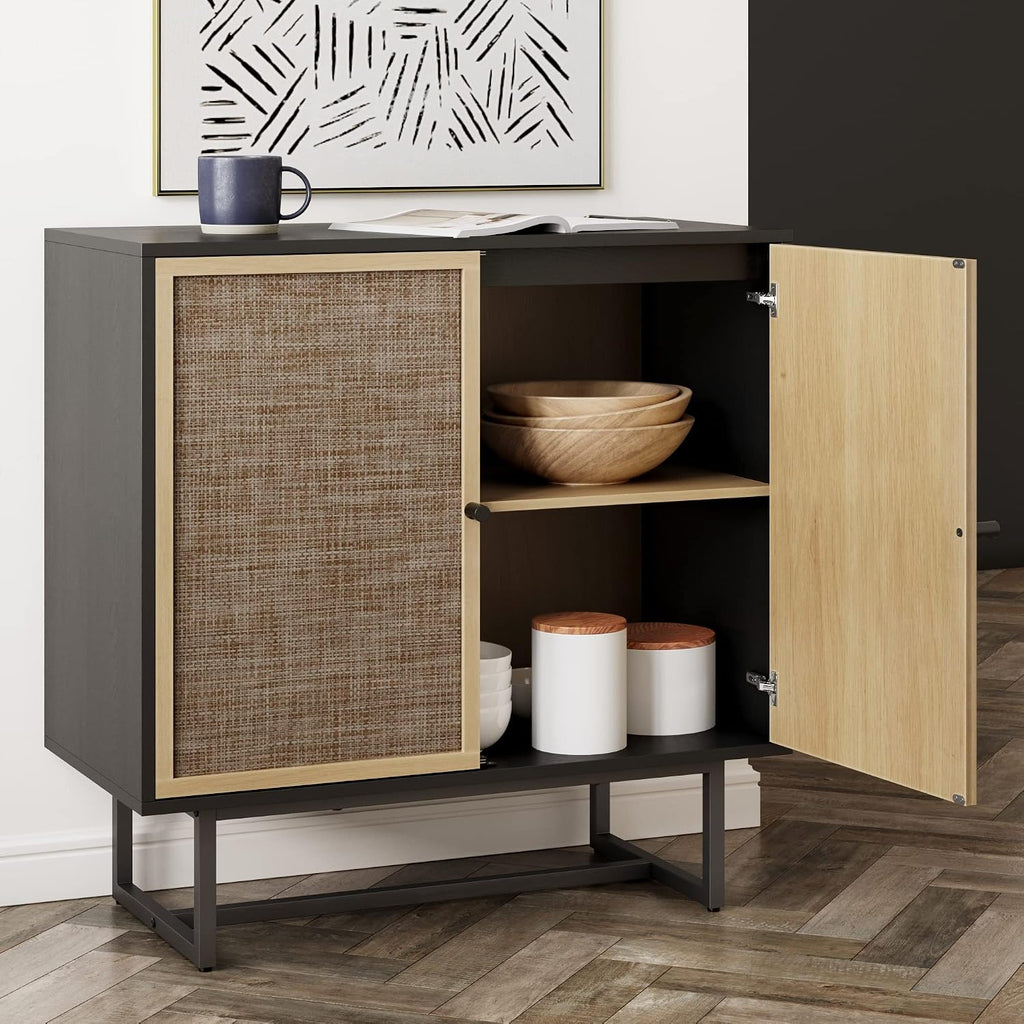Kova Rattan Wood Accent Sideboard Storage Cabinet with Matte Metal Frame, Adjustable Interior Shelves and Cane Doors