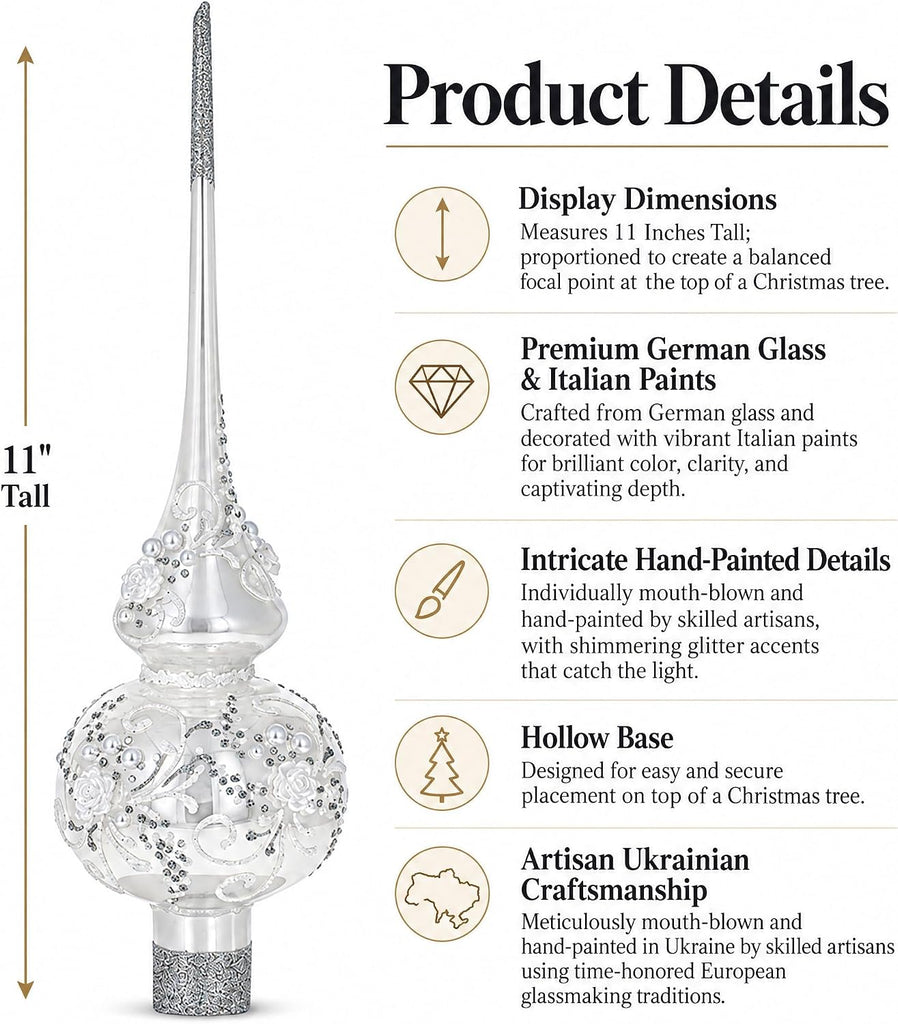 White Glass Christmas Tree Topper with Roses and Pearls, 11 Inches
