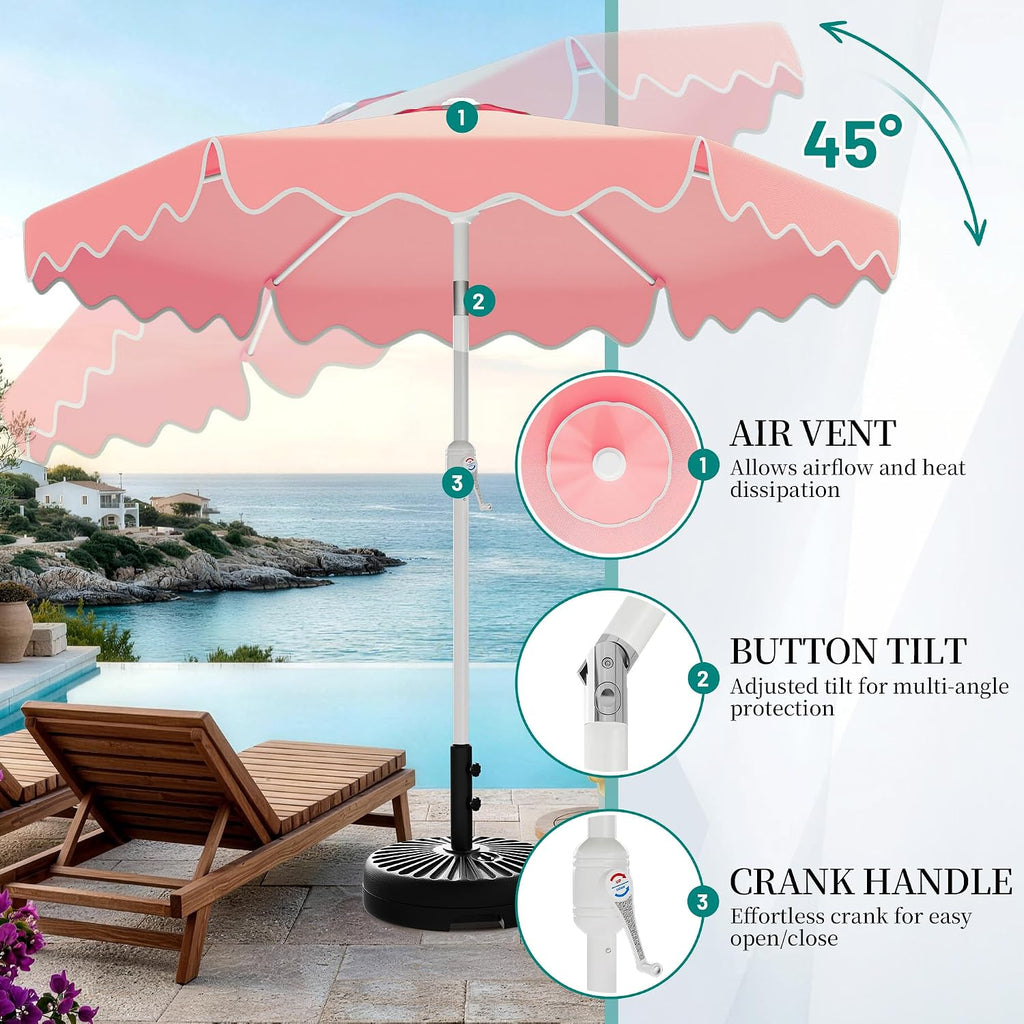 Patio Umbrella with Wavy Trim, UV-Fade-Resistant Canopy, Crank & Tilt - Peach Pink 9ft
