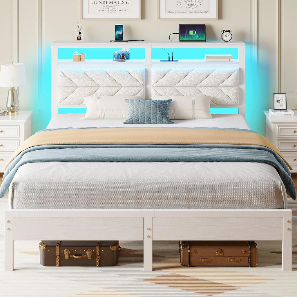 Bed Frame Full with Charging Station, LED Bed with Upholstered Storage Headboard