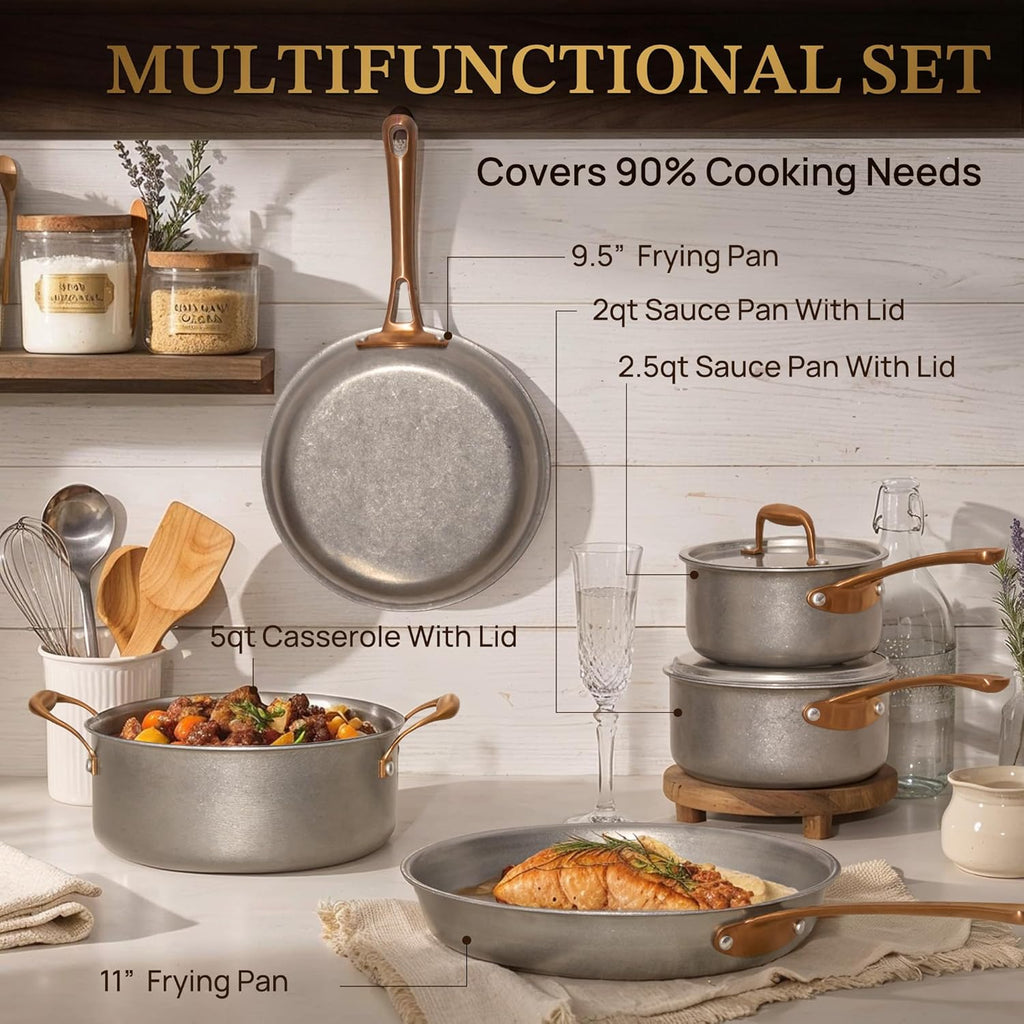 Pots and Pans Set 8 Pcs, Vintage Stainless Steel Cookware Set | Non-Toxic, PFOA/PFOS/PTFE Free, Kitchen Cooking Set