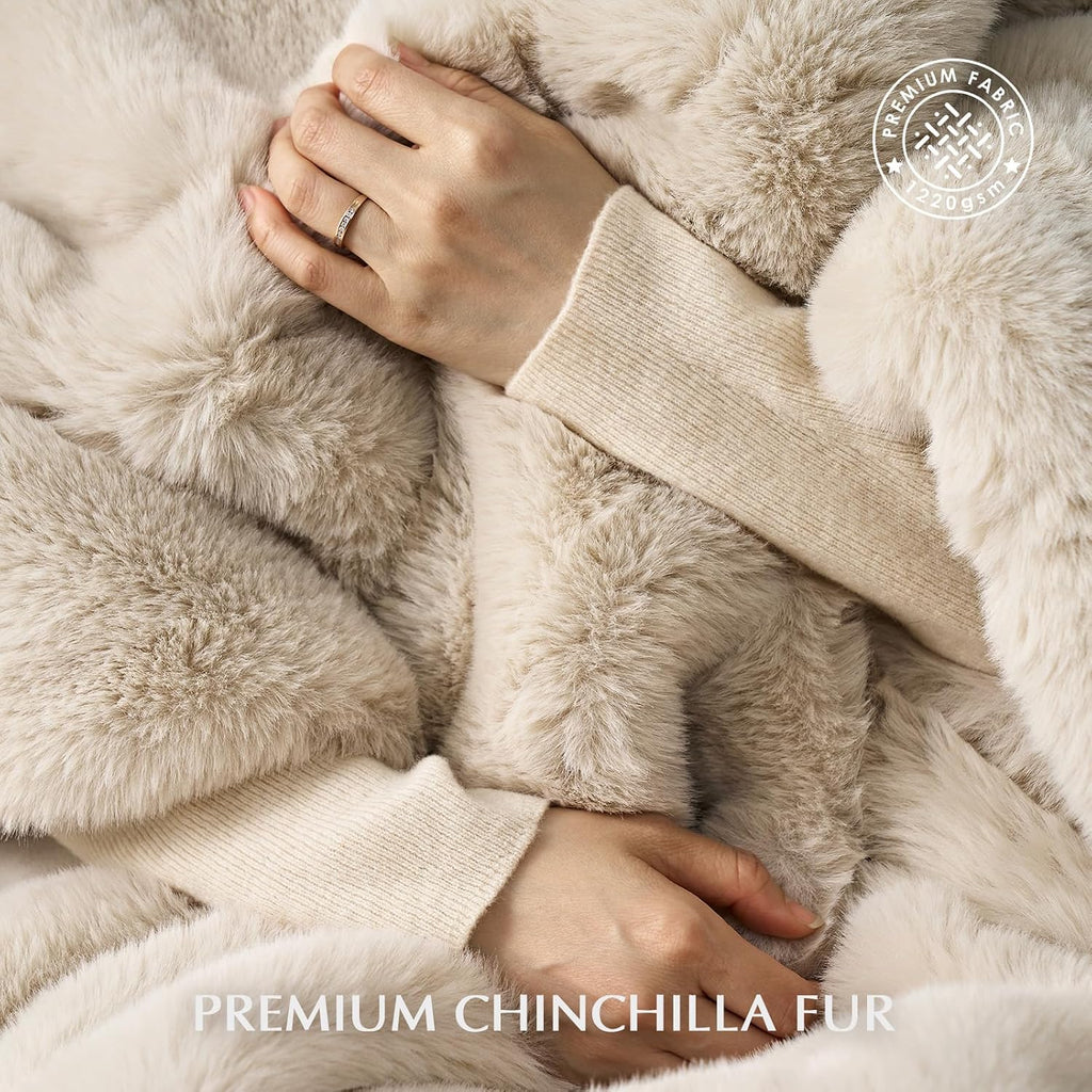 Faux Chinchilla Fur Throw Blanket, 50"x60", Birch Mink | Luxury, Super Soft, 1220GSM, Fluffy Cozy Mink, Reversible