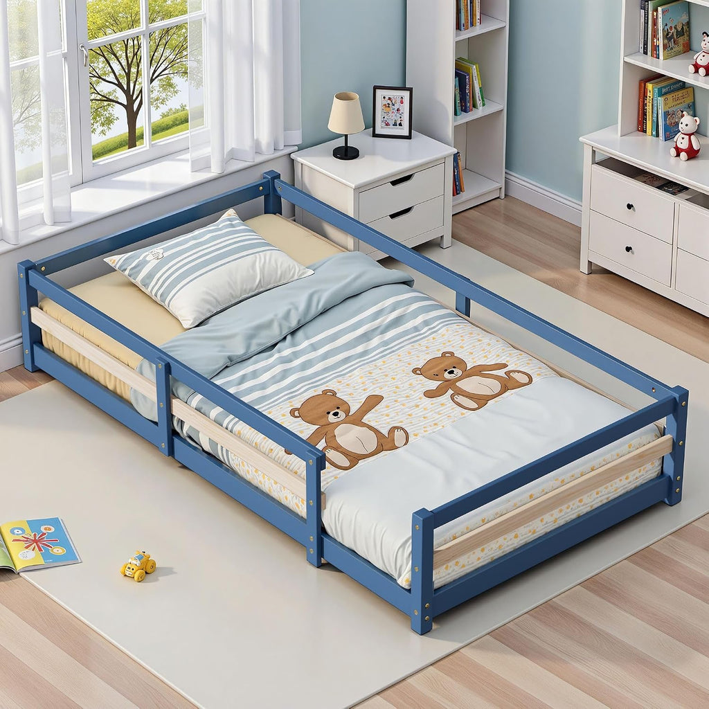 Montessori Bed, Solid Wood Floor Bed Frame with Safety High Fence, Montessori Floor Bed with Rails for Boys