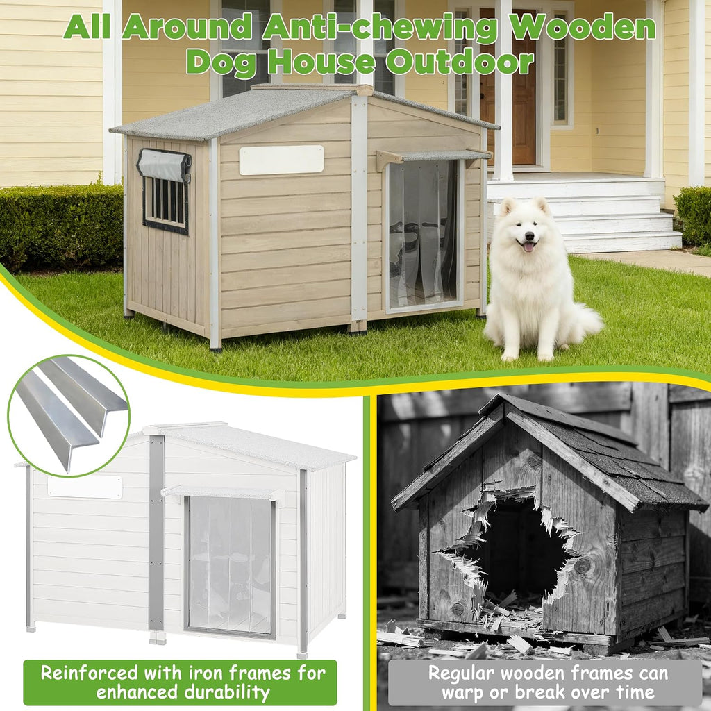 Large Dog House Outdoor Indoor -55" Weatherproof Extra XL Dog Kennel for Small to Large Sized Dogs Wooden Doghouse