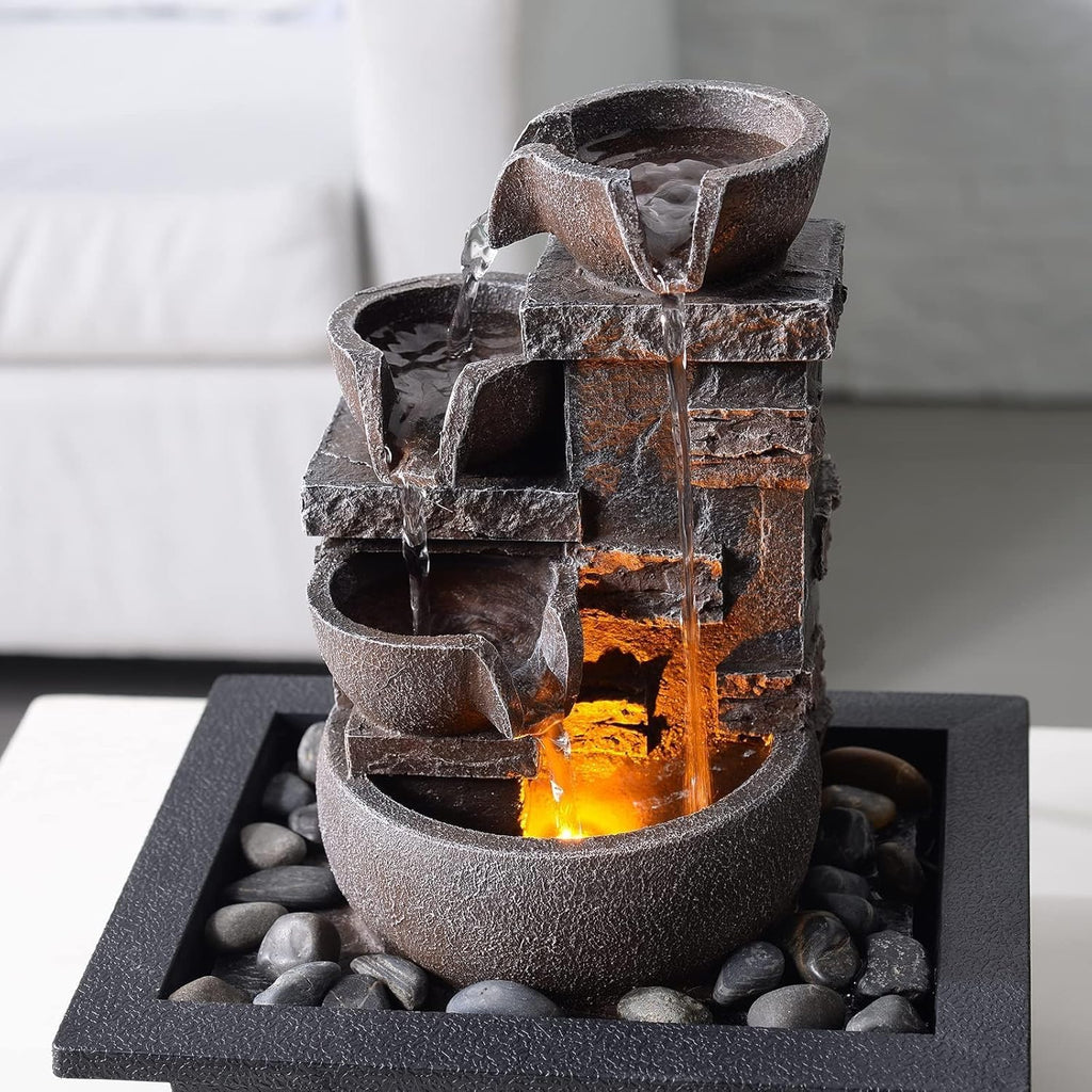 Décor Desktop Fountain - 10" 4-Tier Design with Imitation Stone, Indoor Waterfall Tabletop River Rocks & Resin