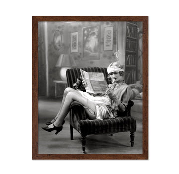 Vintage Smoking Flapper Girl Poster - Retro Reading in Stockings Print - Lingerie Art - Fashion Art - Glam Gift for