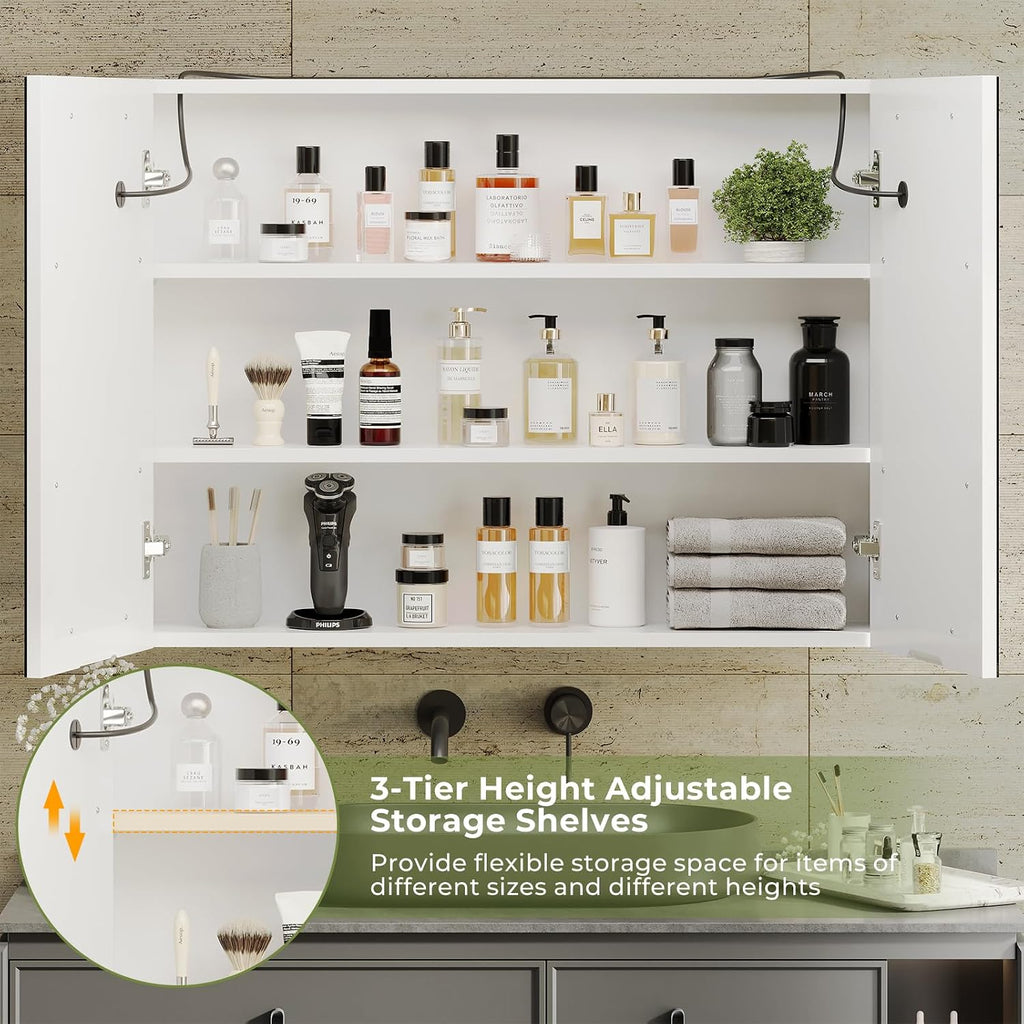 Medicine Cabinet with Mirrors and Storage 31.5''x23.6'' Wall Mounted Bathroom Mirror Cabinets with Led Lights Double