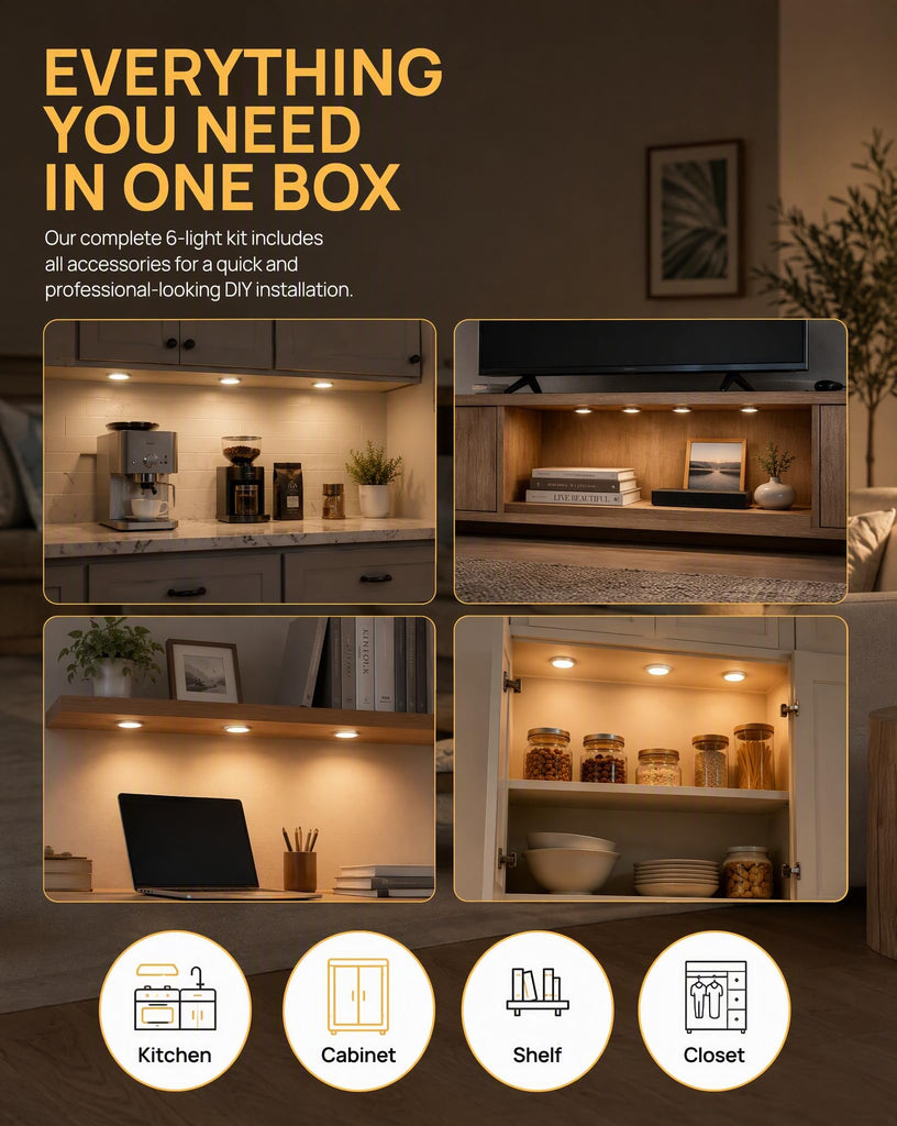 Dimmable LED Puck Lights, 6-Pack Under Cabinet Lighting Warm White