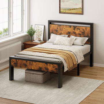 14 Inch Bed Frame with Wood Headboard, Rustic Brown