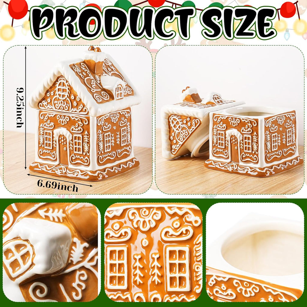 Gingerbread House Christmas Candy Jar with Lid 9.3 Inch Ceramic Christmas Cookie Jar Decorative Treats Storage