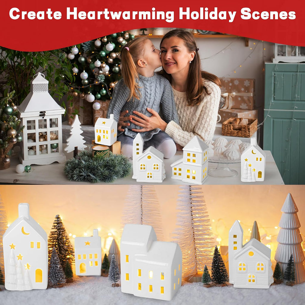 37 Pieces Porcelain Christmas Village Sets 6 Lighted Ceramic Houses with Remote Control LED Tealights, 14 Trees