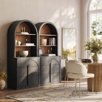 Arched Bookshelf with 3 Drawers Set of 2, 71" Tall Modern Wood Display Cabinet with Hutch, Modern Book Case Shelf