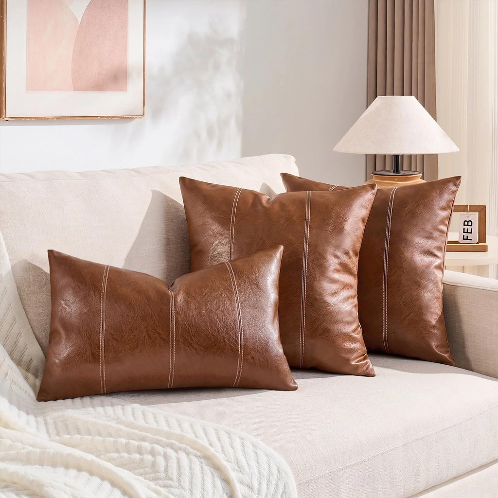 2 Packs Boho Brown Waterproof Faux Leather Decorative Throw Pillow Covers 18x18 Inch for Outdoor Couch Bed Sofa, Hand