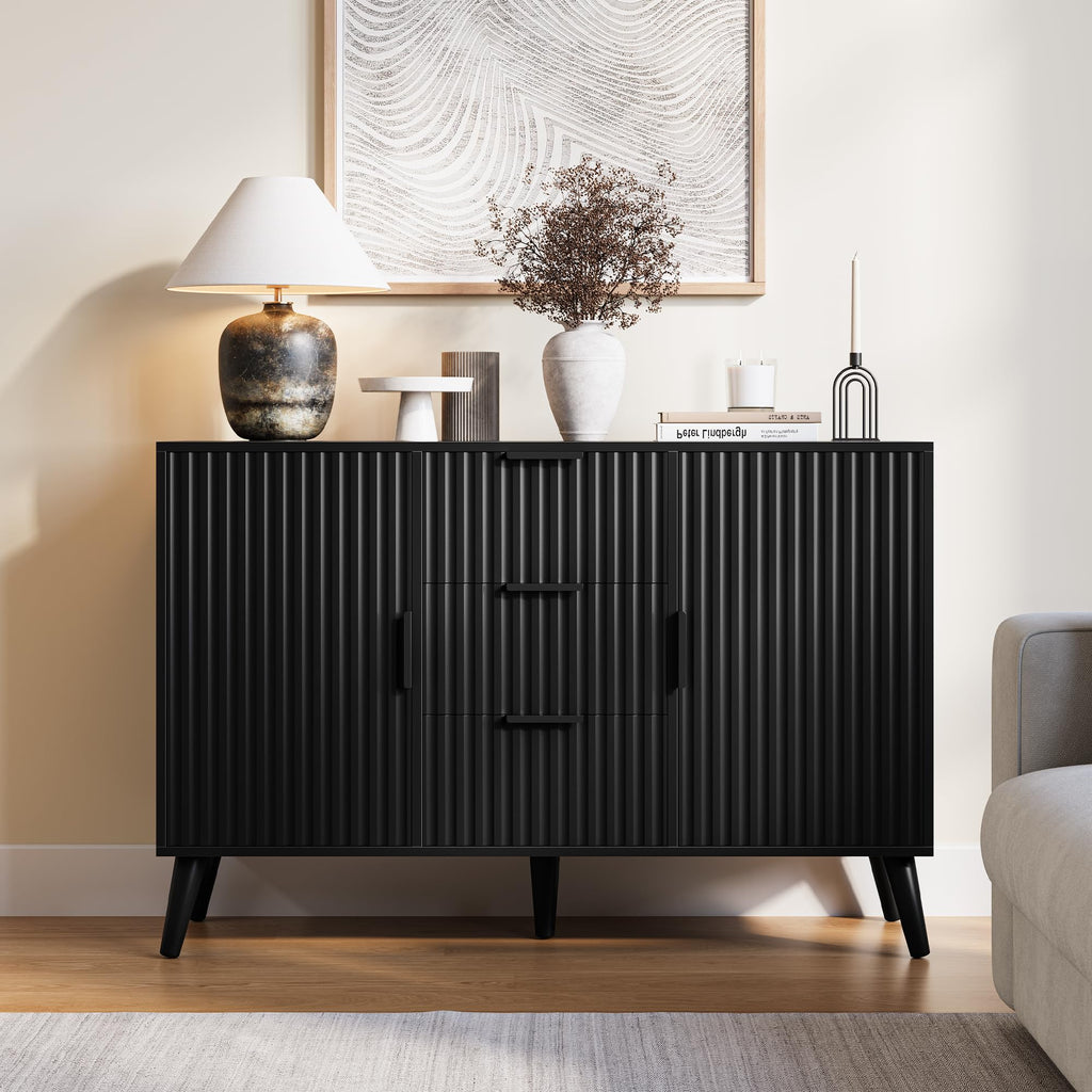 47.2" Fluted Sideboard Buffet Cabinet with 3 Drawers, Black Modern Buffet Cabinet with Storage, Large Storage