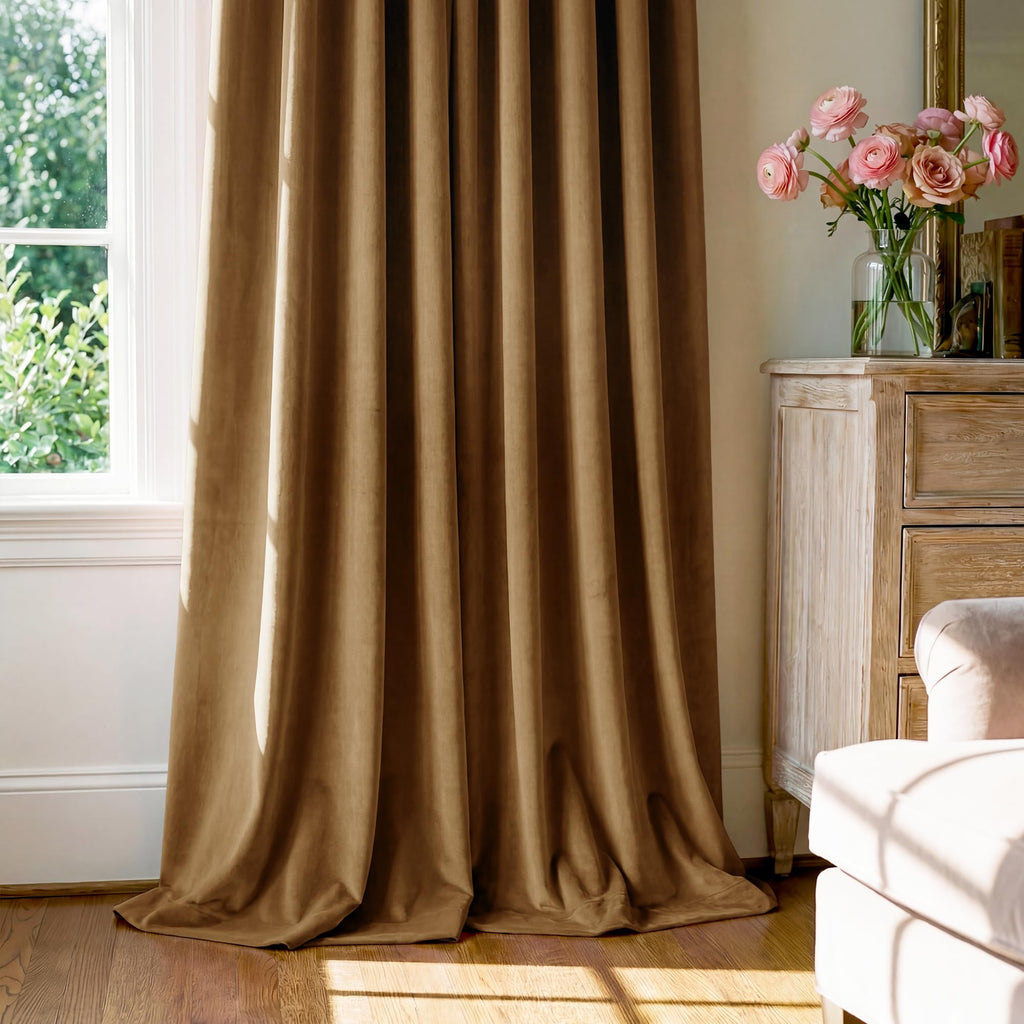 Gold Brown Velvet Curtains Boho, W52 x L84, 2 Panels