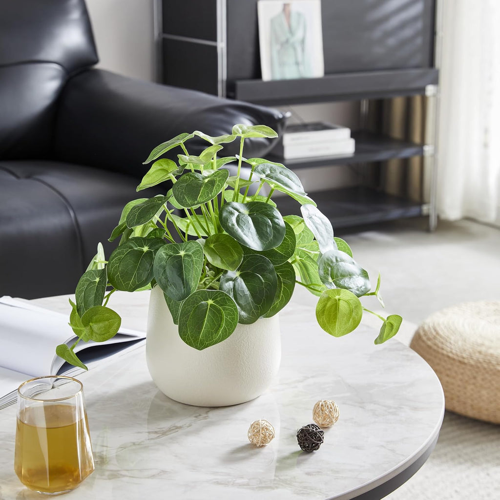Artificial Pilea Plant - Luxury Potted Money Plant in White Textured Pot with Real Pebbles, Premium Soft Plastic