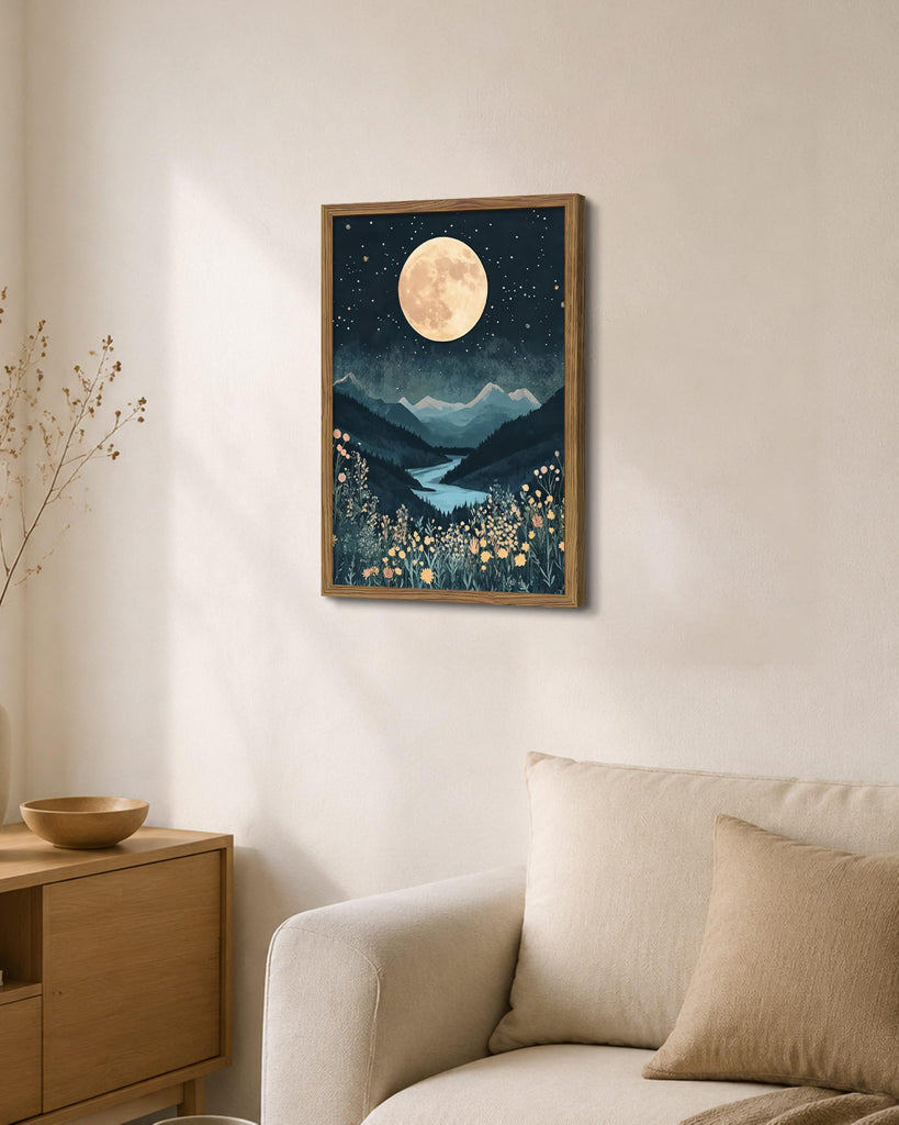 Framed Moonlight Mountain Landscape Canvas Wall Art, Vintage Nature Aesthetic Wall Decor Painting, Full Moon Night
